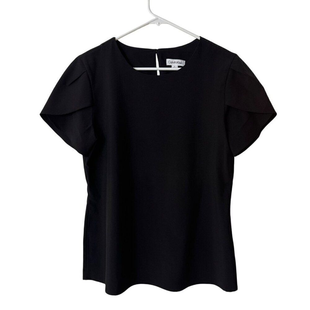 Calvin Klein Women's Black Ruffle Sleeve Top S Polyester/Elastane Blend